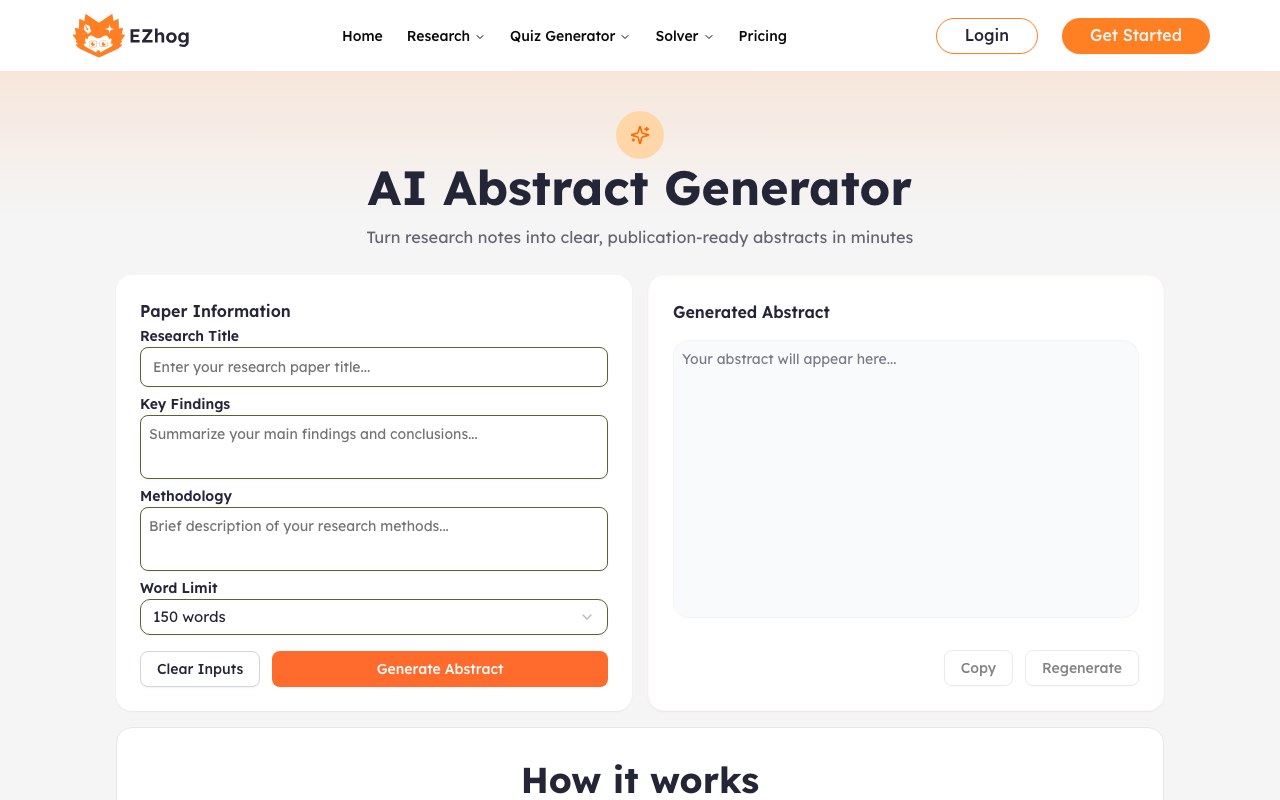 AI Abstract Generator interface showing source input and generated output