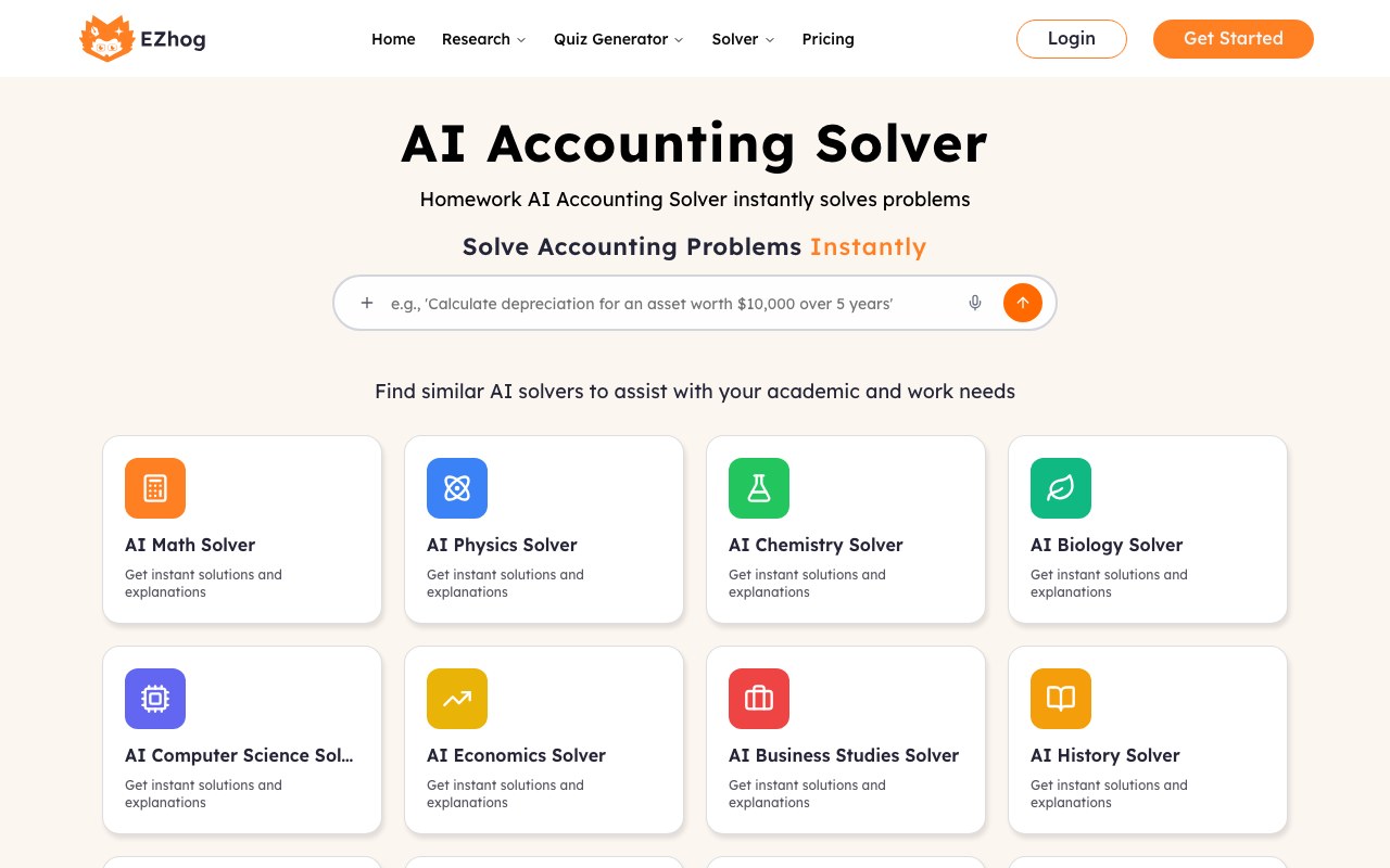 AI Accounting Solver interface showing a question and step-by-step answer