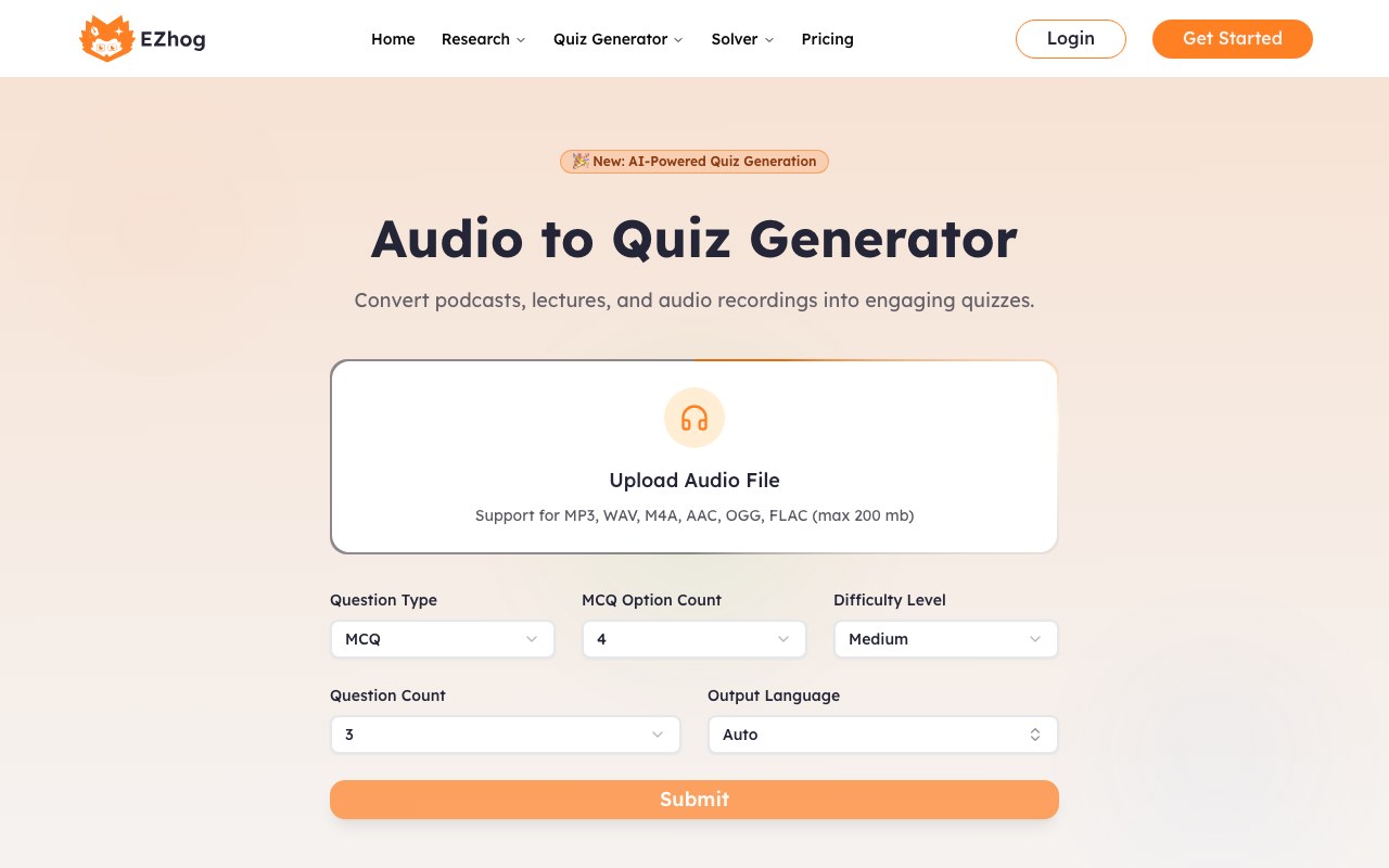 Audio to Quiz Generator interface