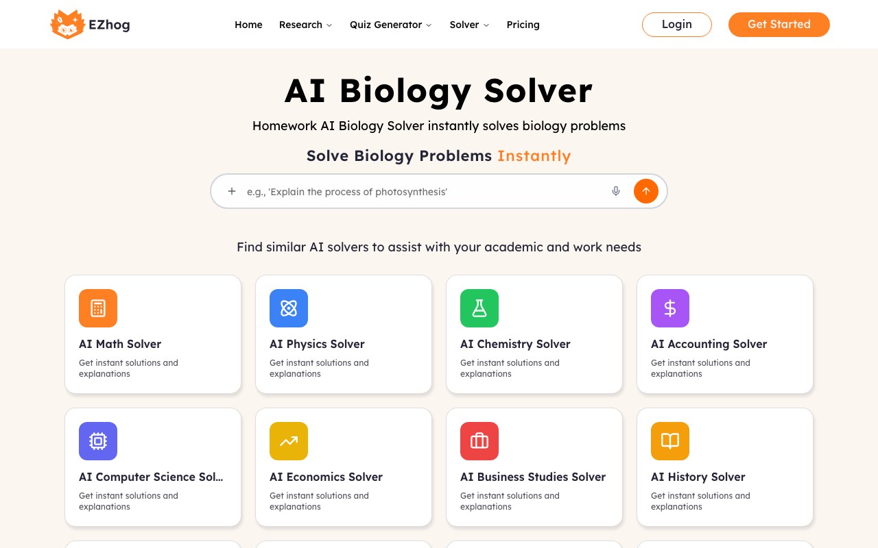 AI Biology Solver interface showing a question and step-by-step answer