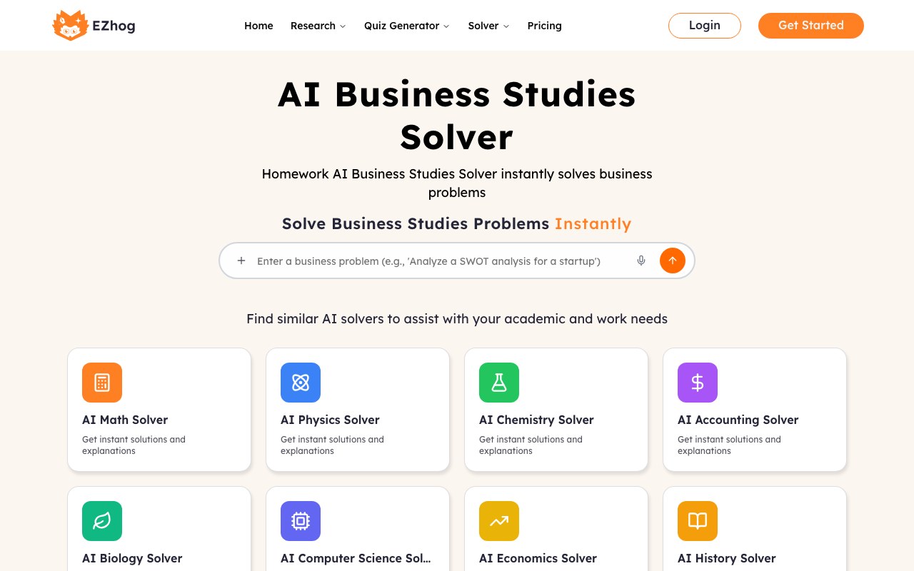 AI Business Studies Solver interface showing a question and step-by-step answer