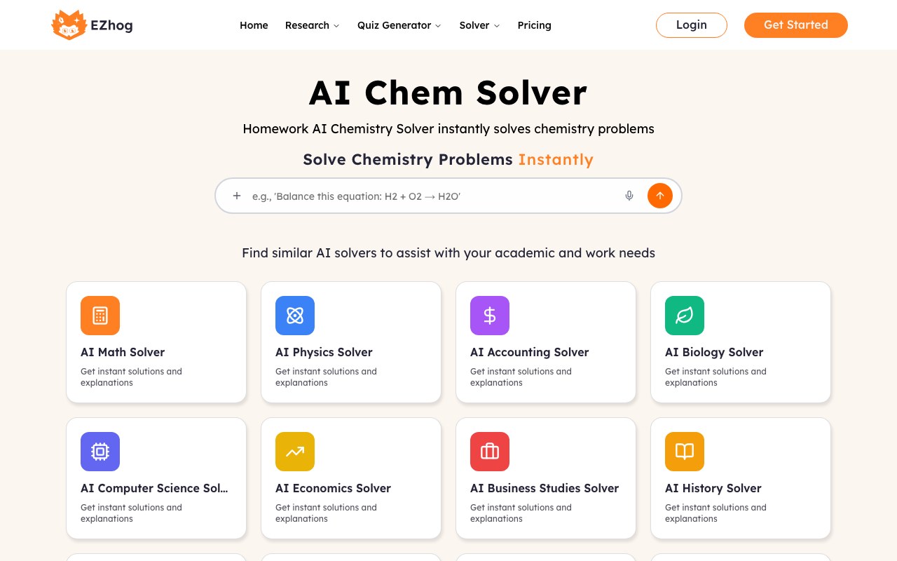 AI Chemistry Solver interface showing a question and step-by-step answer