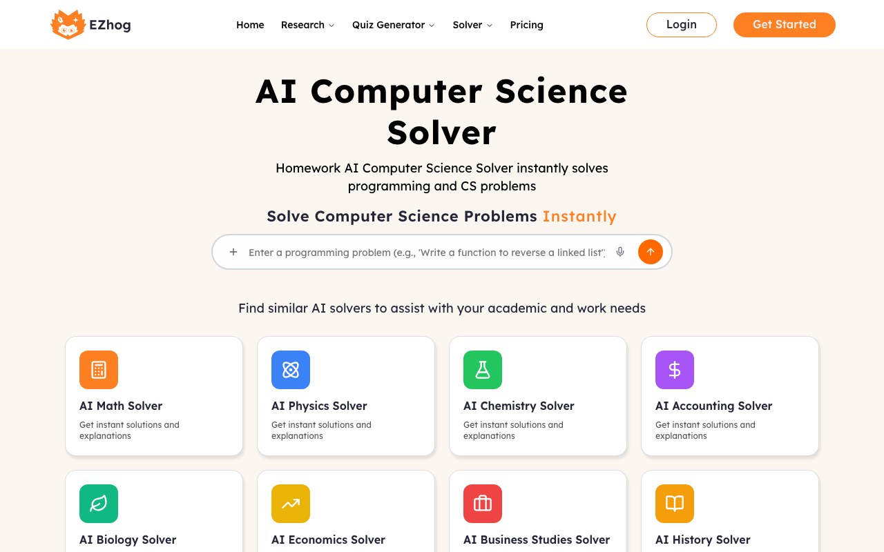 AI Computer Science Solver interface showing a question and step-by-step answer