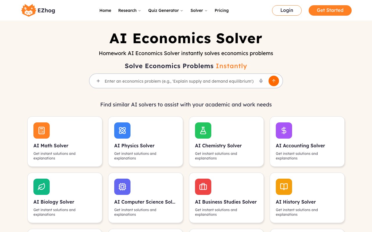 AI Economics Solver interface showing a question and step-by-step answer