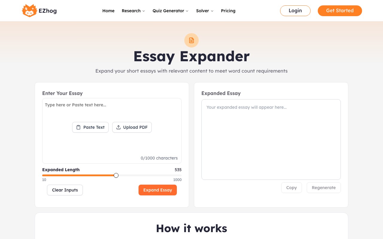 AI Essay Expander interface showing source input and generated output