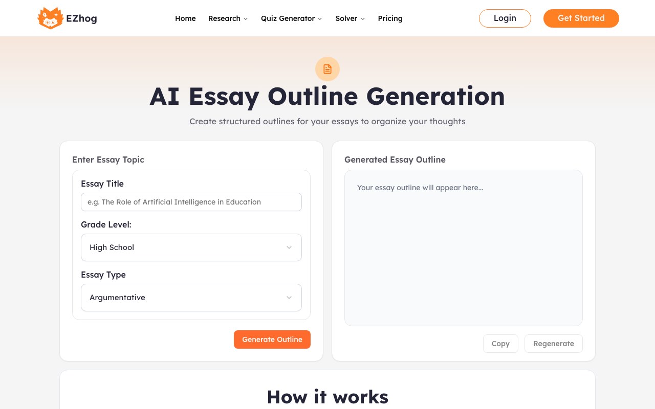 AI Essay Outline Generator interface showing source input and generated output