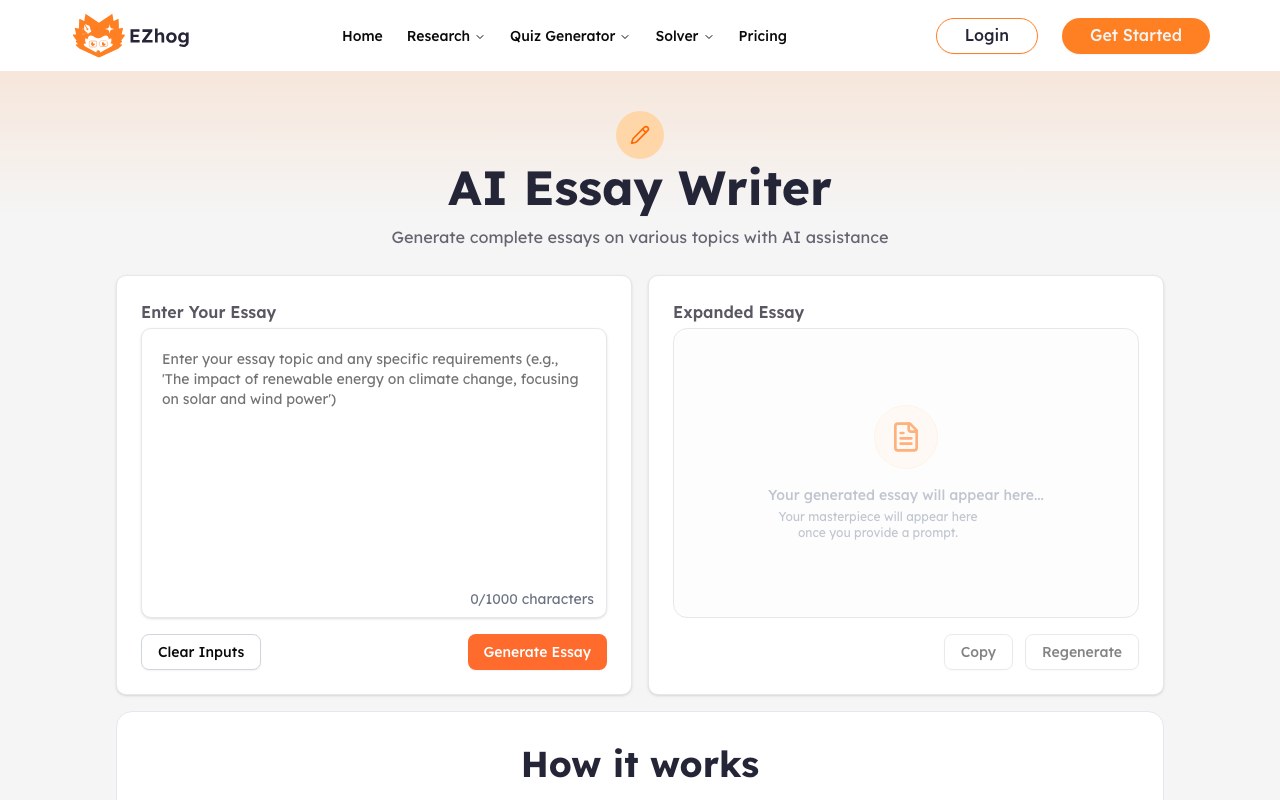 AI Essay Writer interface showing source input and generated output