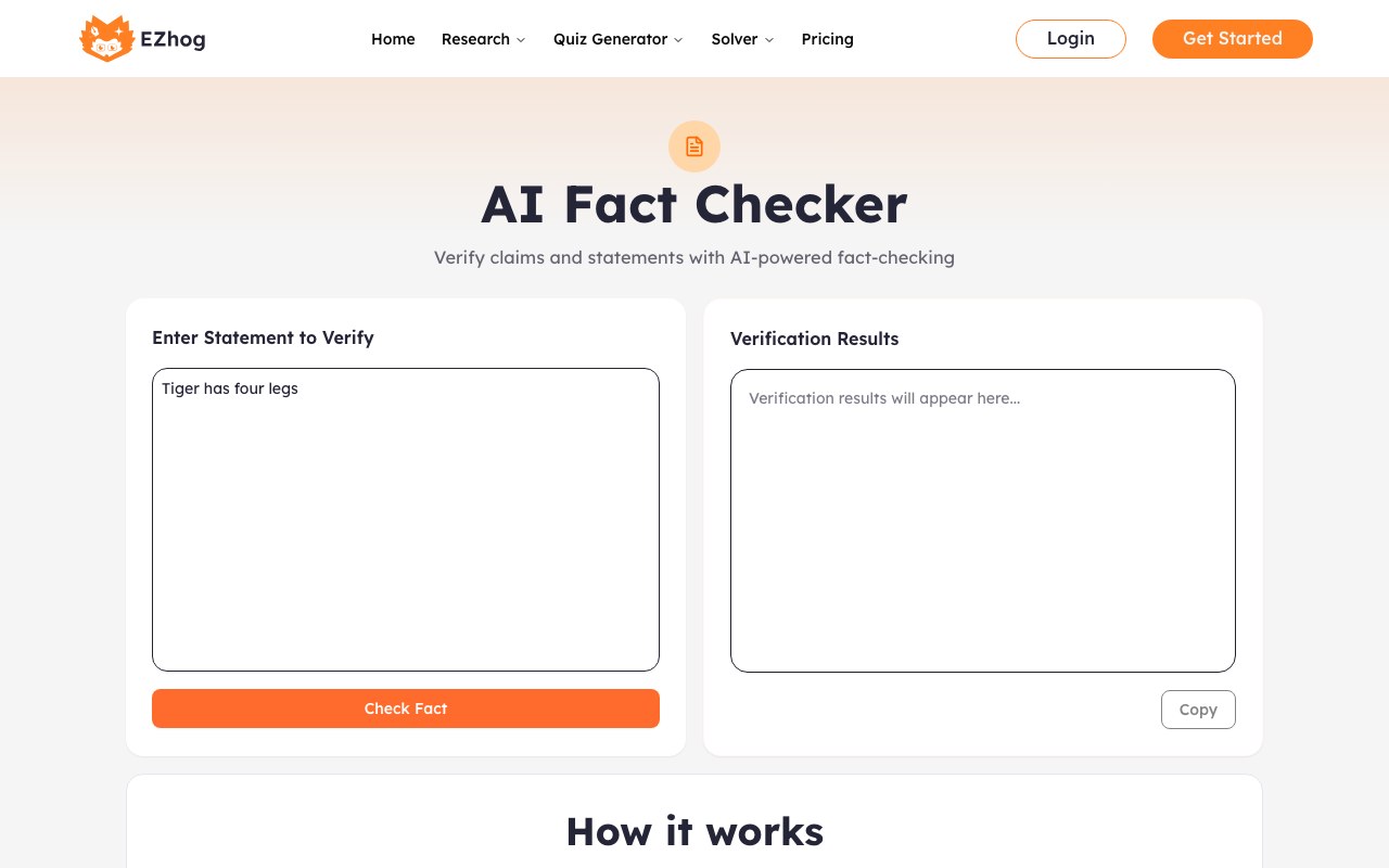AI Fact Checker interface showing source input and generated output