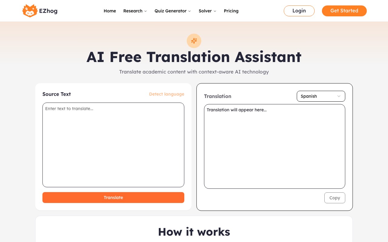 AI Free Translation Assistant interface showing source input and generated output