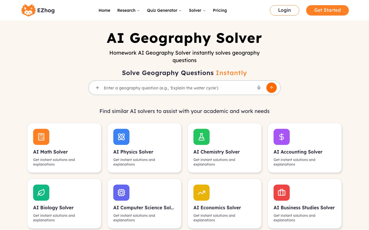 AI Geography Solver interface showing a question and step-by-step answer