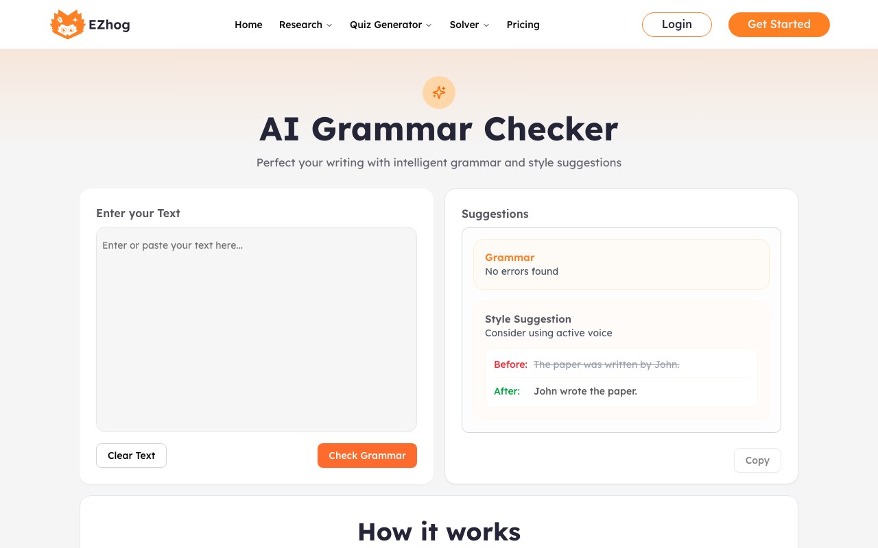 AI Grammar Checker interface showing source input and generated output