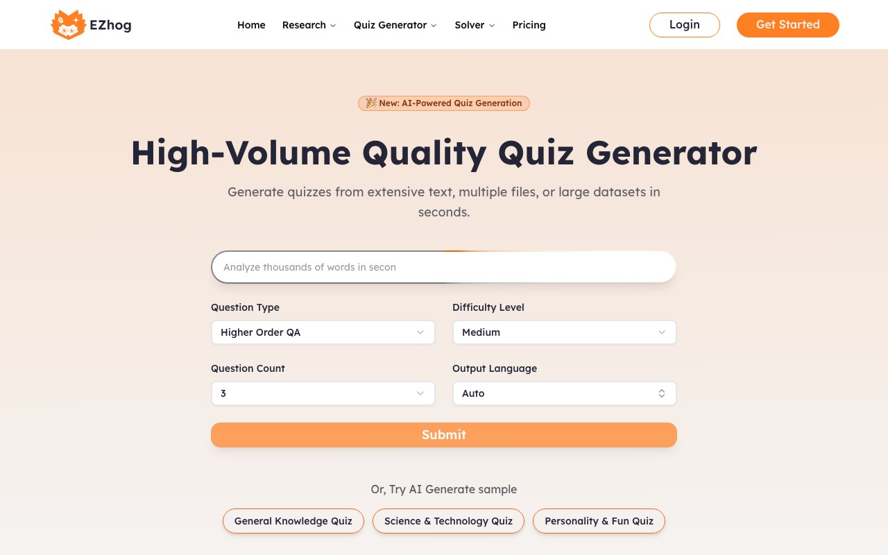 High-Volume Quiz Generator interface