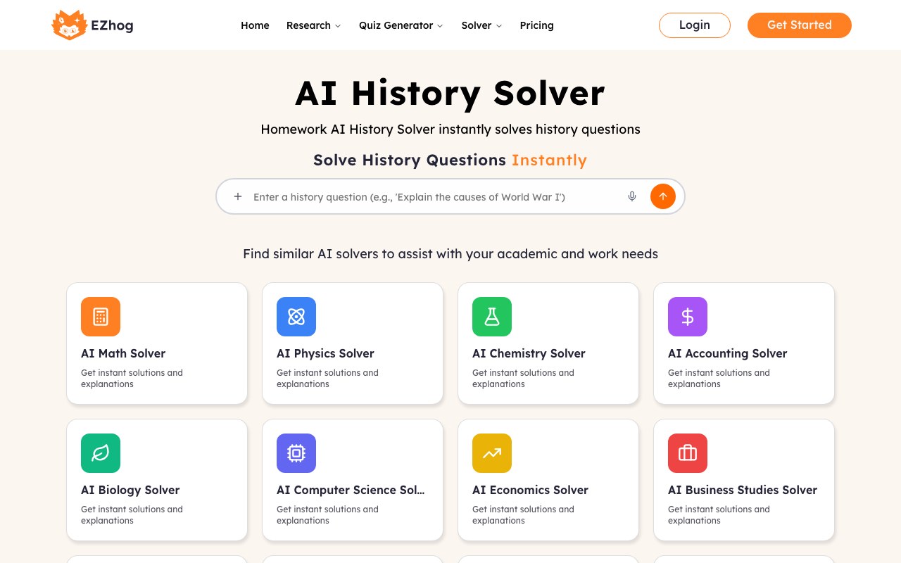 AI History Solver interface showing a question and step-by-step answer