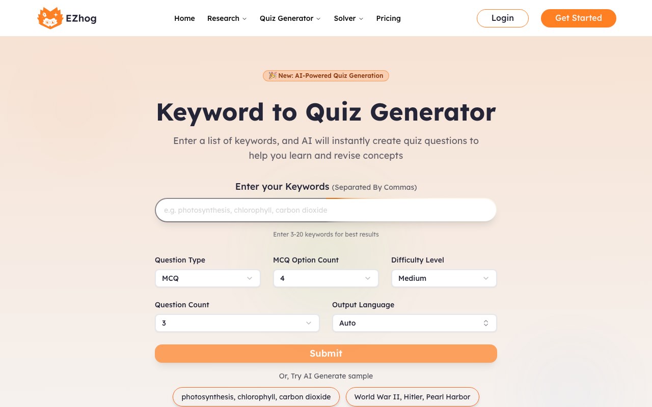 Keyword to Quiz Generator interface
