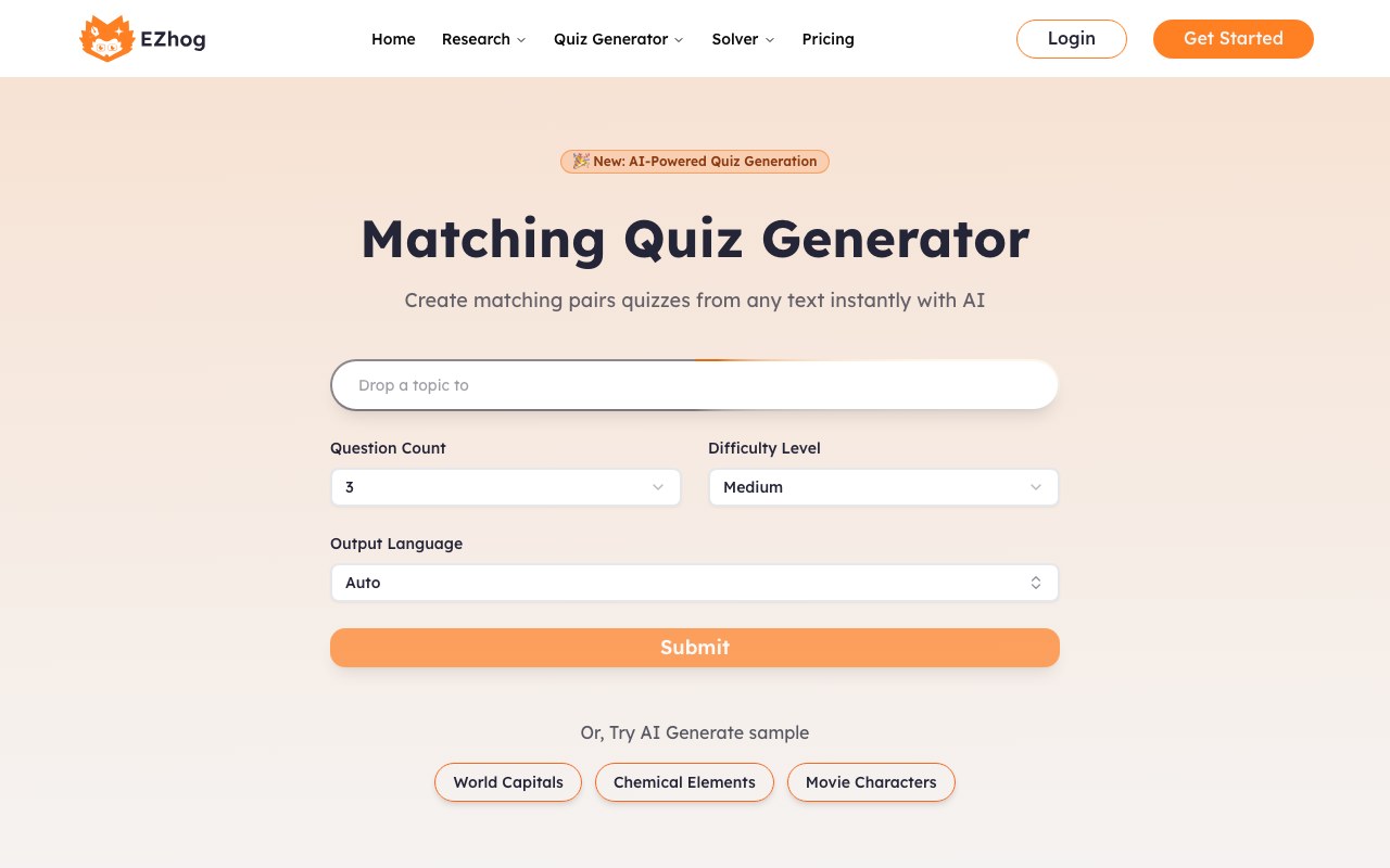 Matching Quiz Generator interface