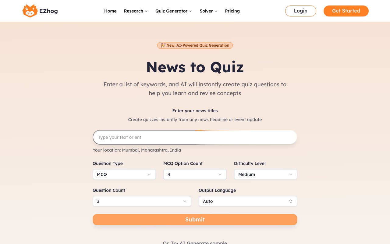 News to Quiz Generator interface