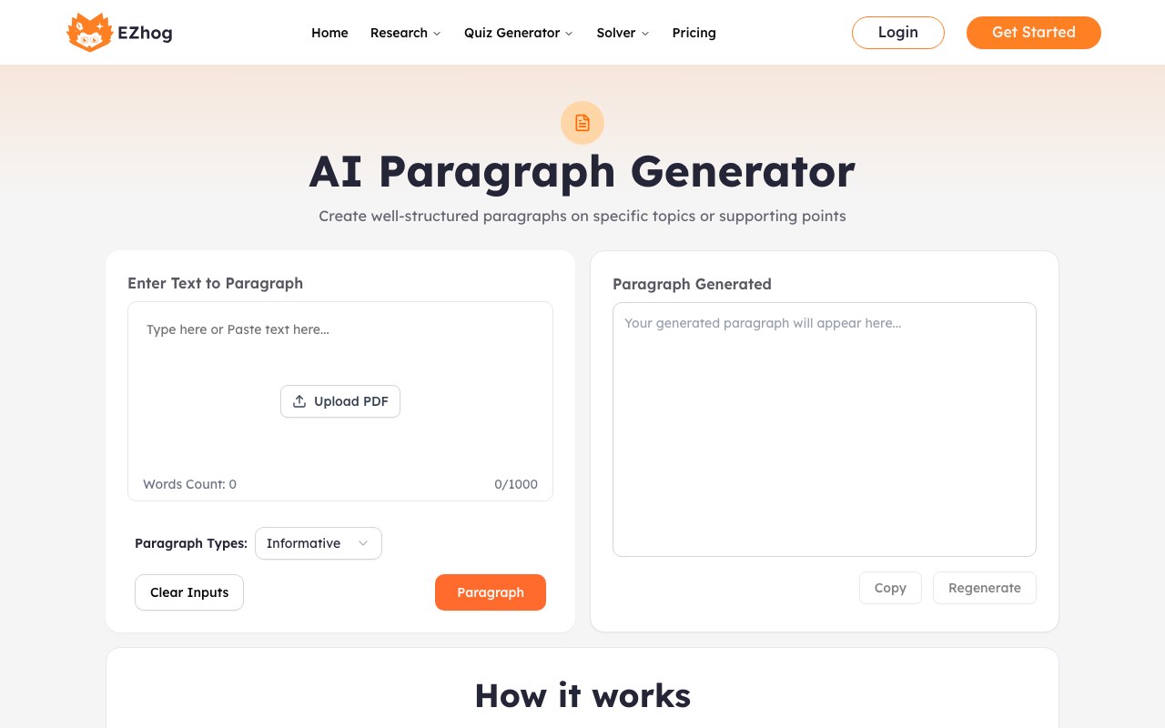 AI Paragraph Generator interface showing source input and generated output
