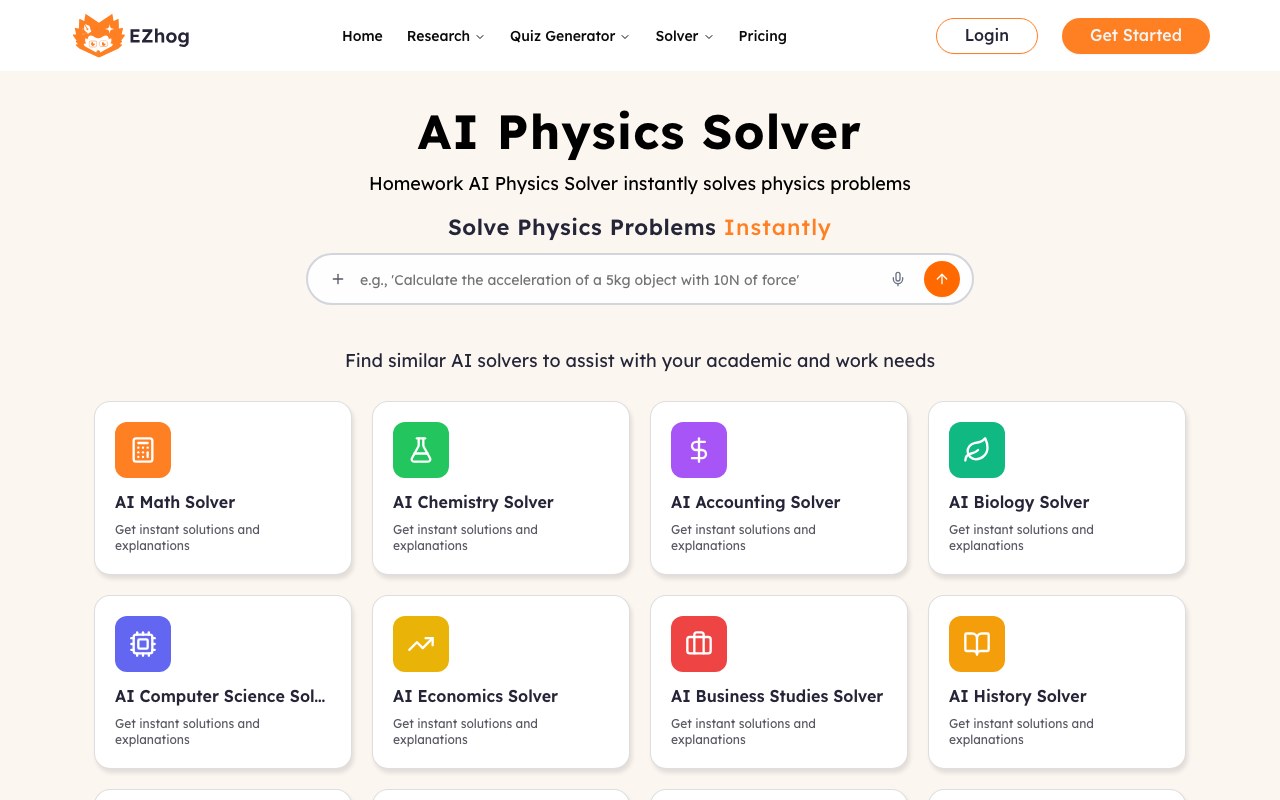 AI Physics Solver interface showing a question and step-by-step answer