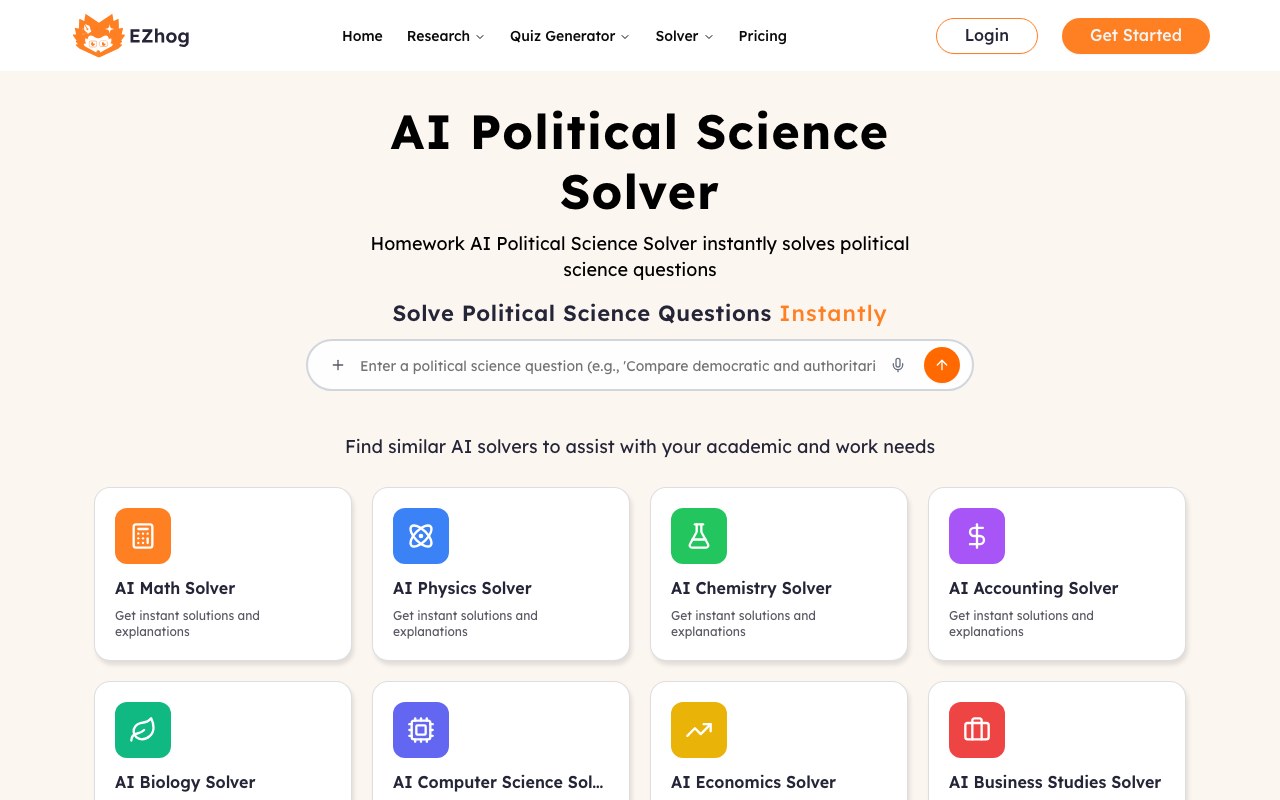 AI Political Science Solver interface showing a question and step-by-step answer