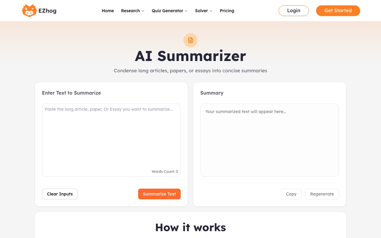 AI Research Paper Summarizer interface showing source input and generated output