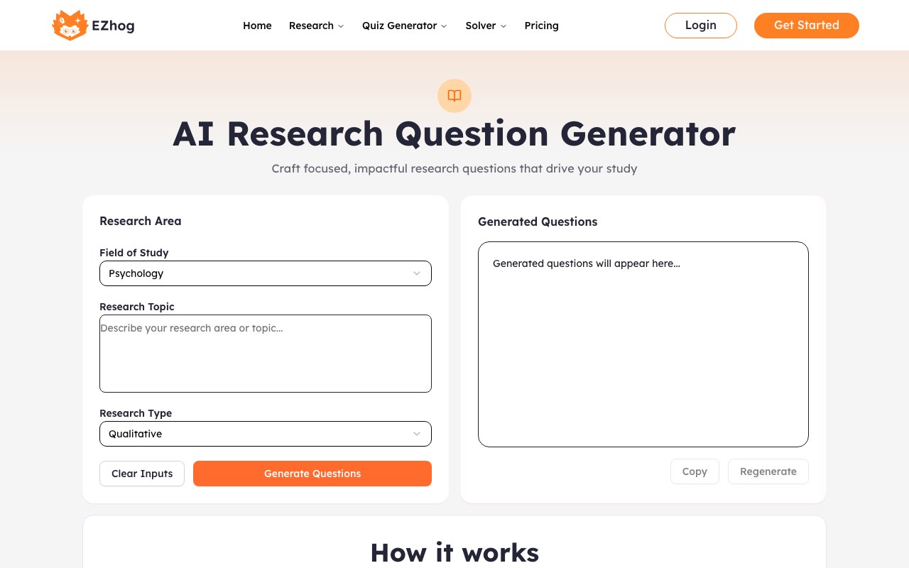AI Research Question Generator interface showing source input and generated output