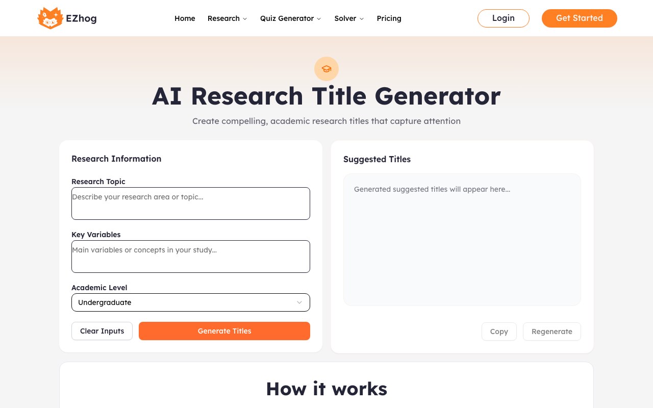 AI Research Title Generator interface showing source input and generated output