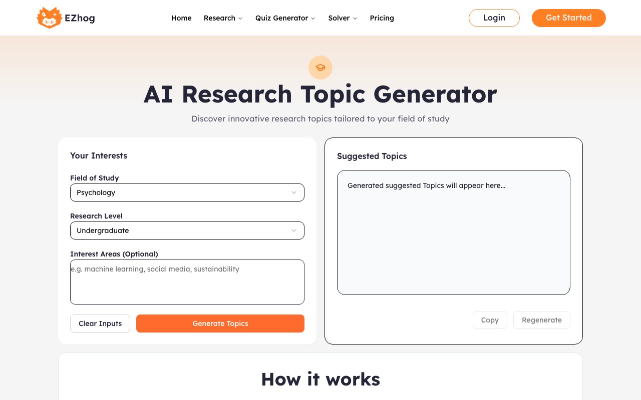 AI Research Topic Generator interface showing source input and generated output