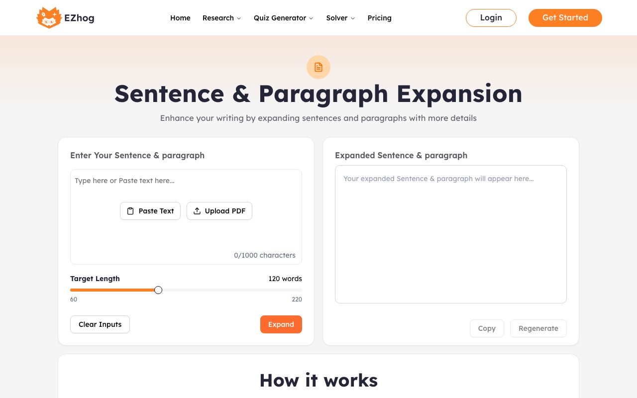 AI Sentence and Paragraph Expander interface showing source input and generated output