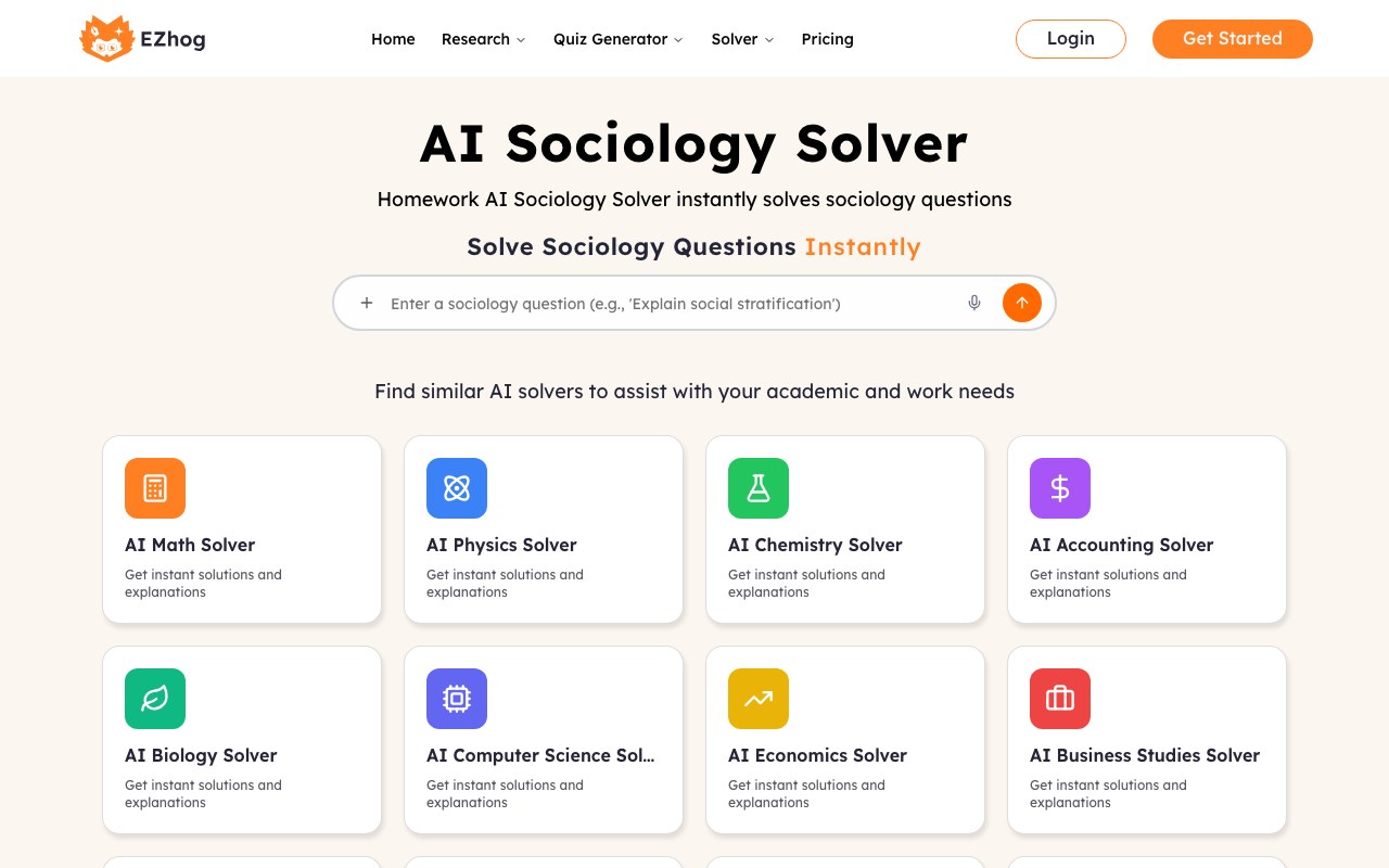 AI Sociology Solver interface showing a question and step-by-step answer
