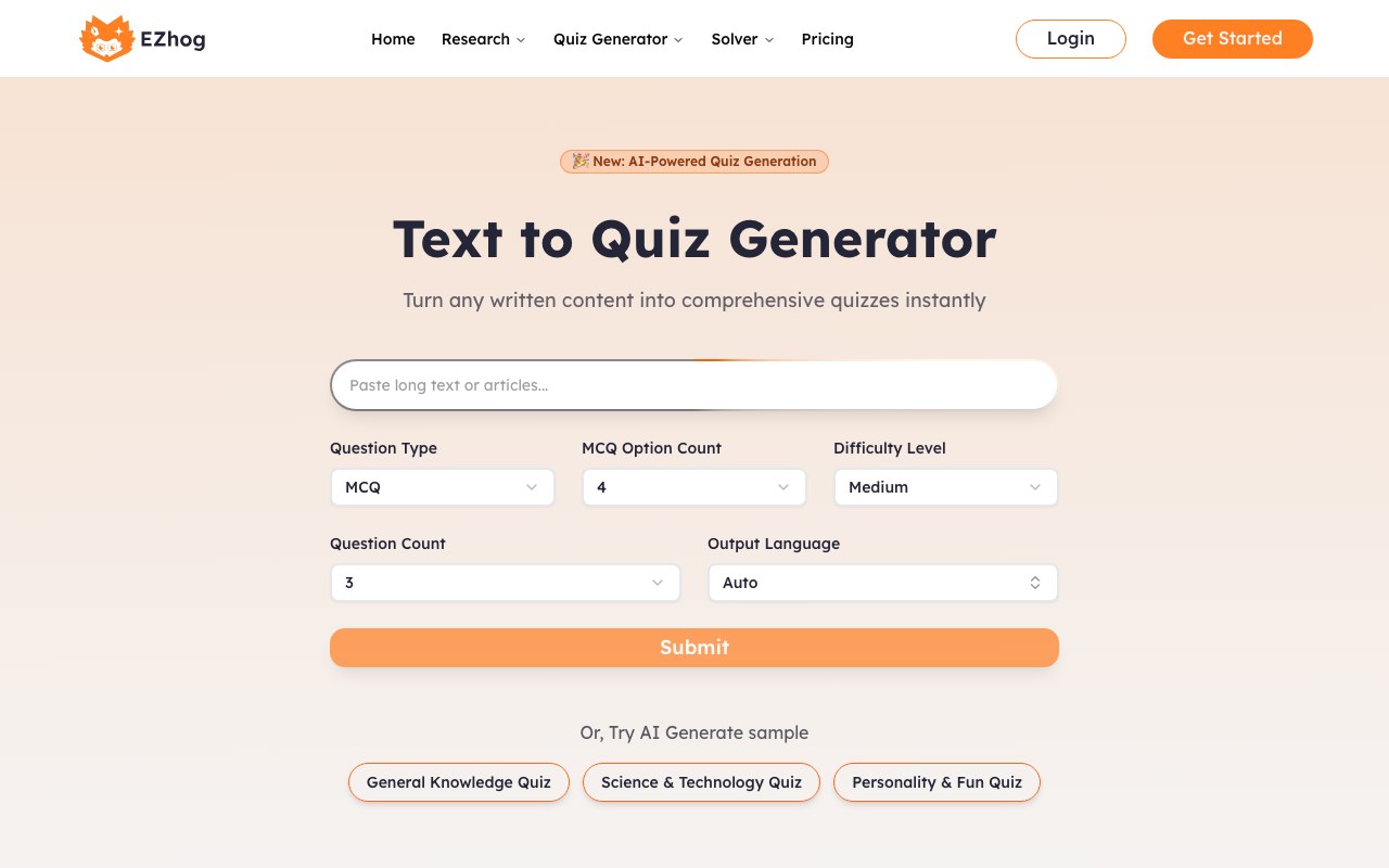 Text to Quiz Generator interface