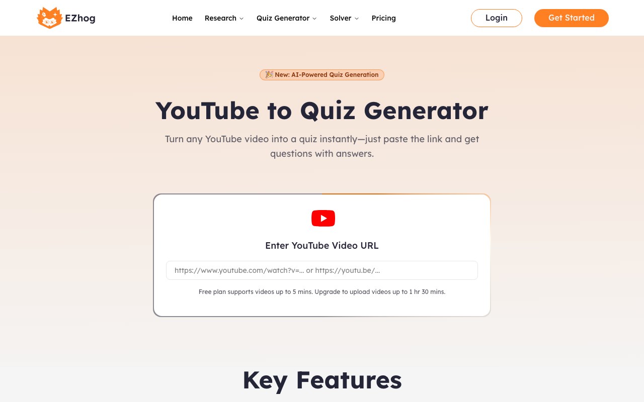 YouTube to Quiz Generator interface